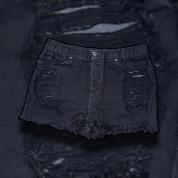 John Galt Brandy Melville Black Distressed Denim Shorts Size 30 - Picture 1 of 6